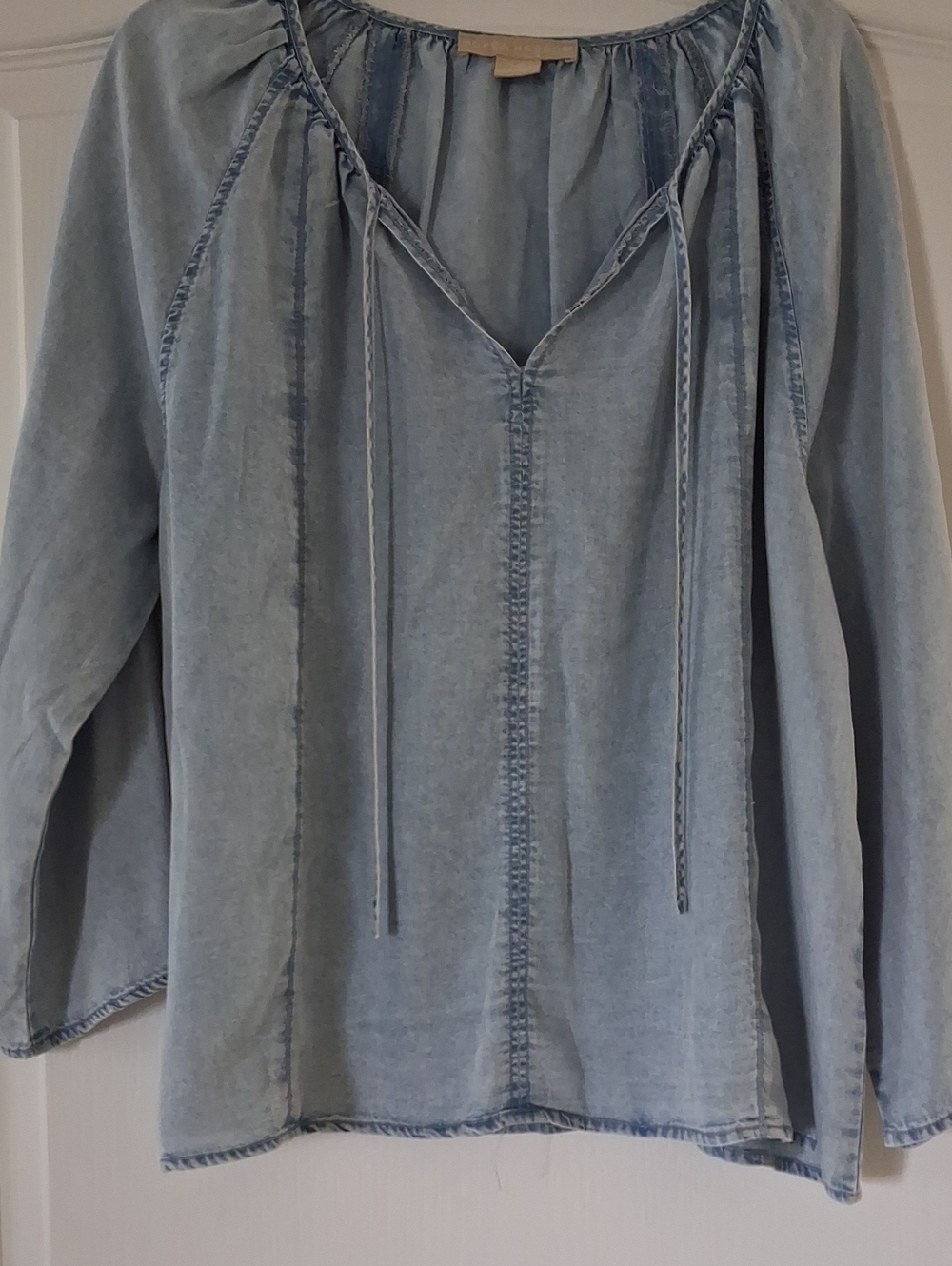 Light Blue Denim Peasant Tunic with Braided Tie - Women